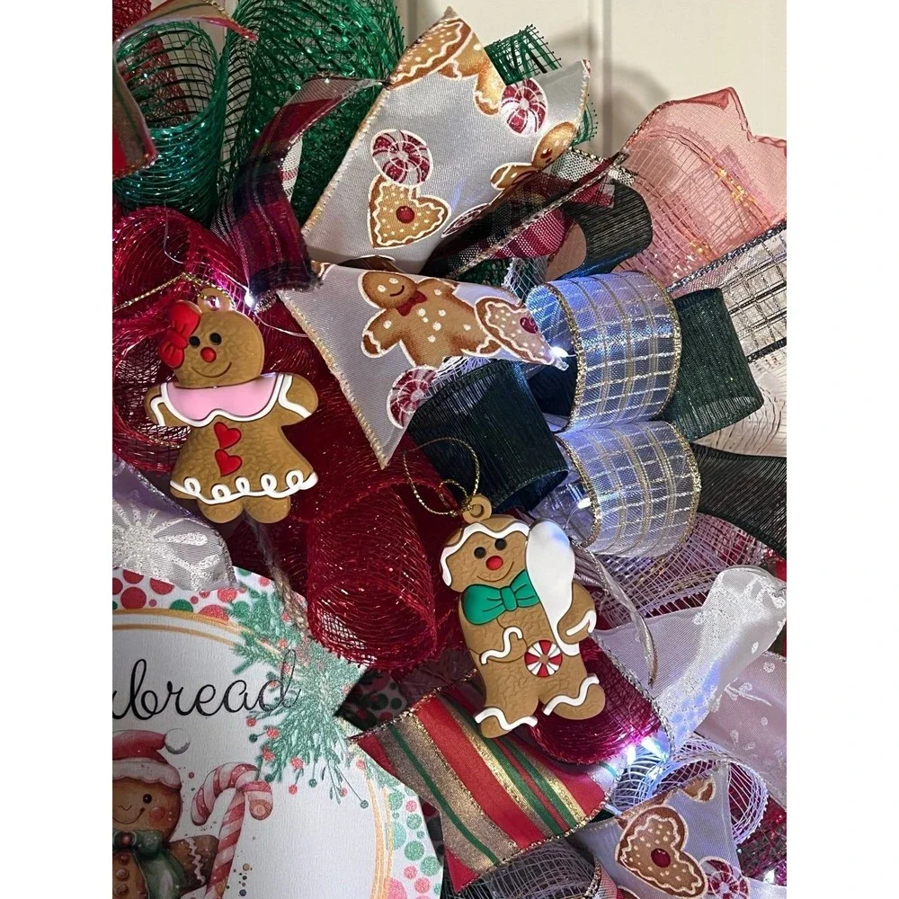 Handmade Gingerbread Love Christmas Holiday Ribbon Door Wreath 22 ins W56